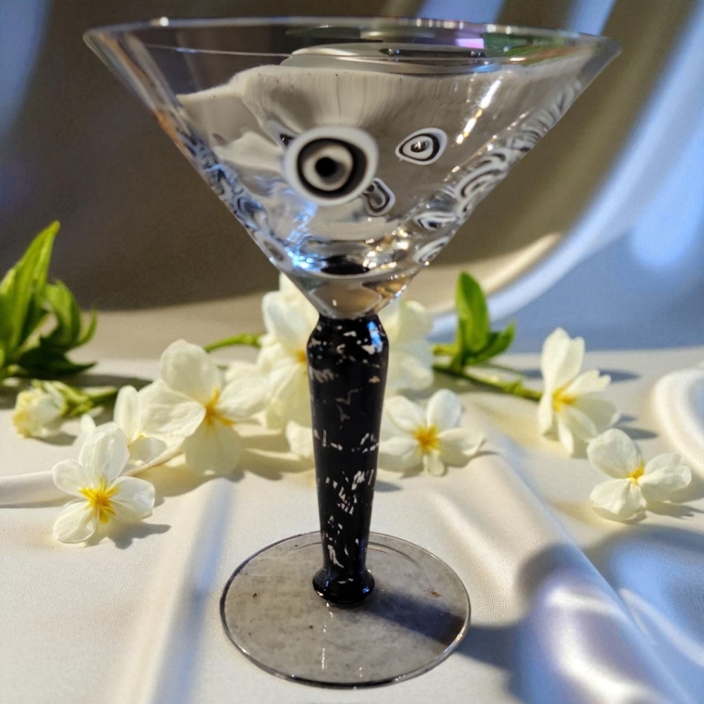 Murano Black White Murrine Swirl Millefiori Art Cocktail Martini Glass